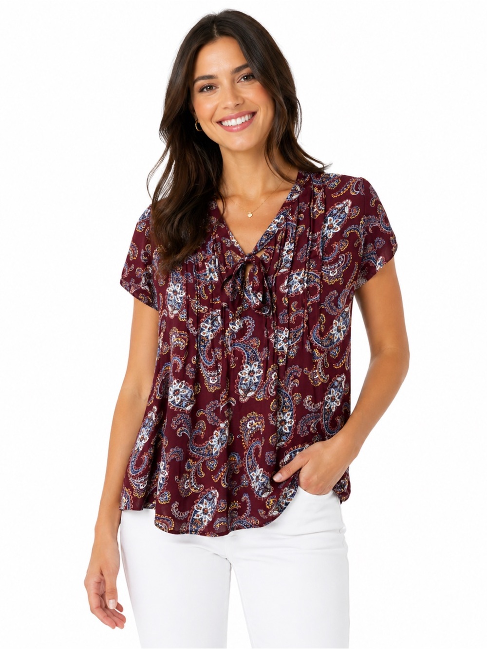 Lands’End maroon paisley print short sleeve sheer whimsy office blouse size 10